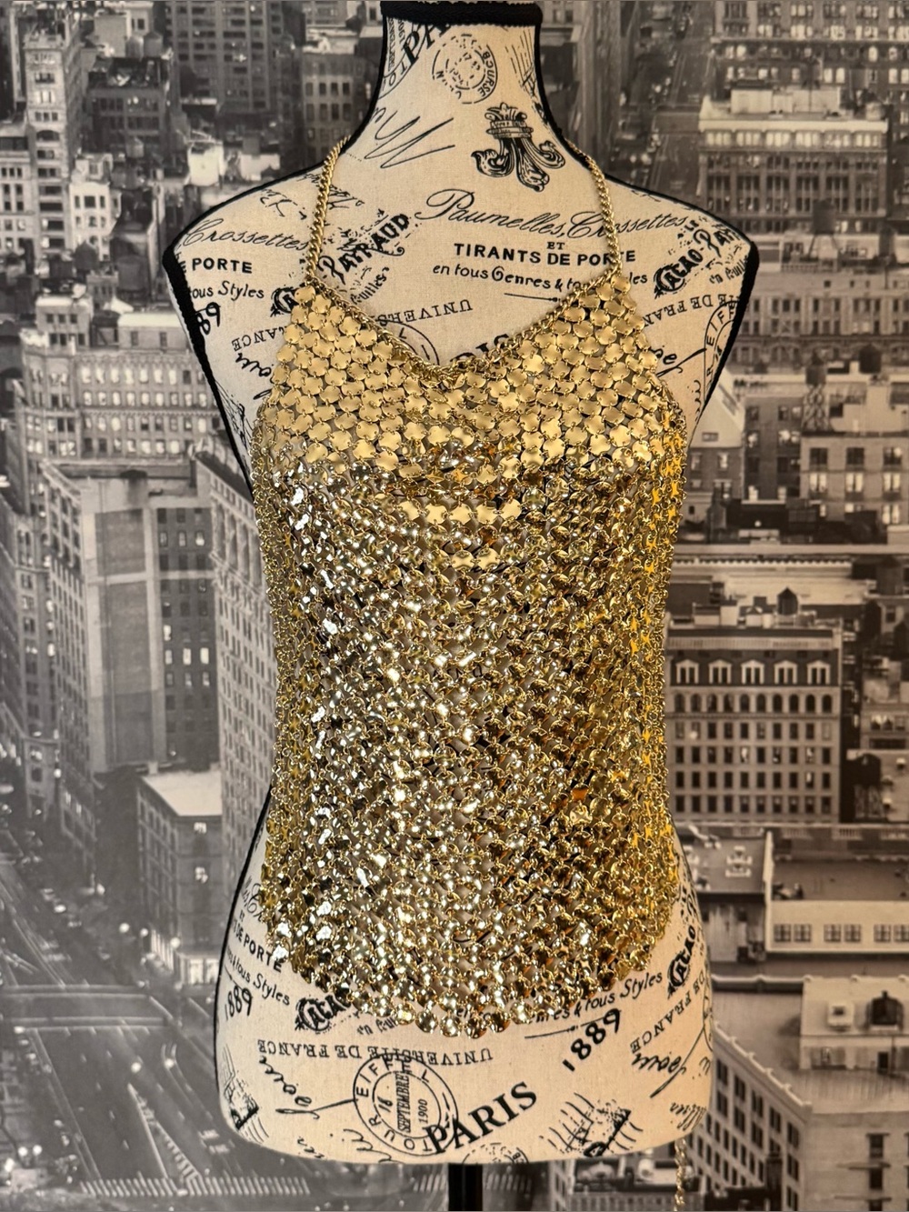 bebe Gold Metal Mesh Chainmail Halter Top